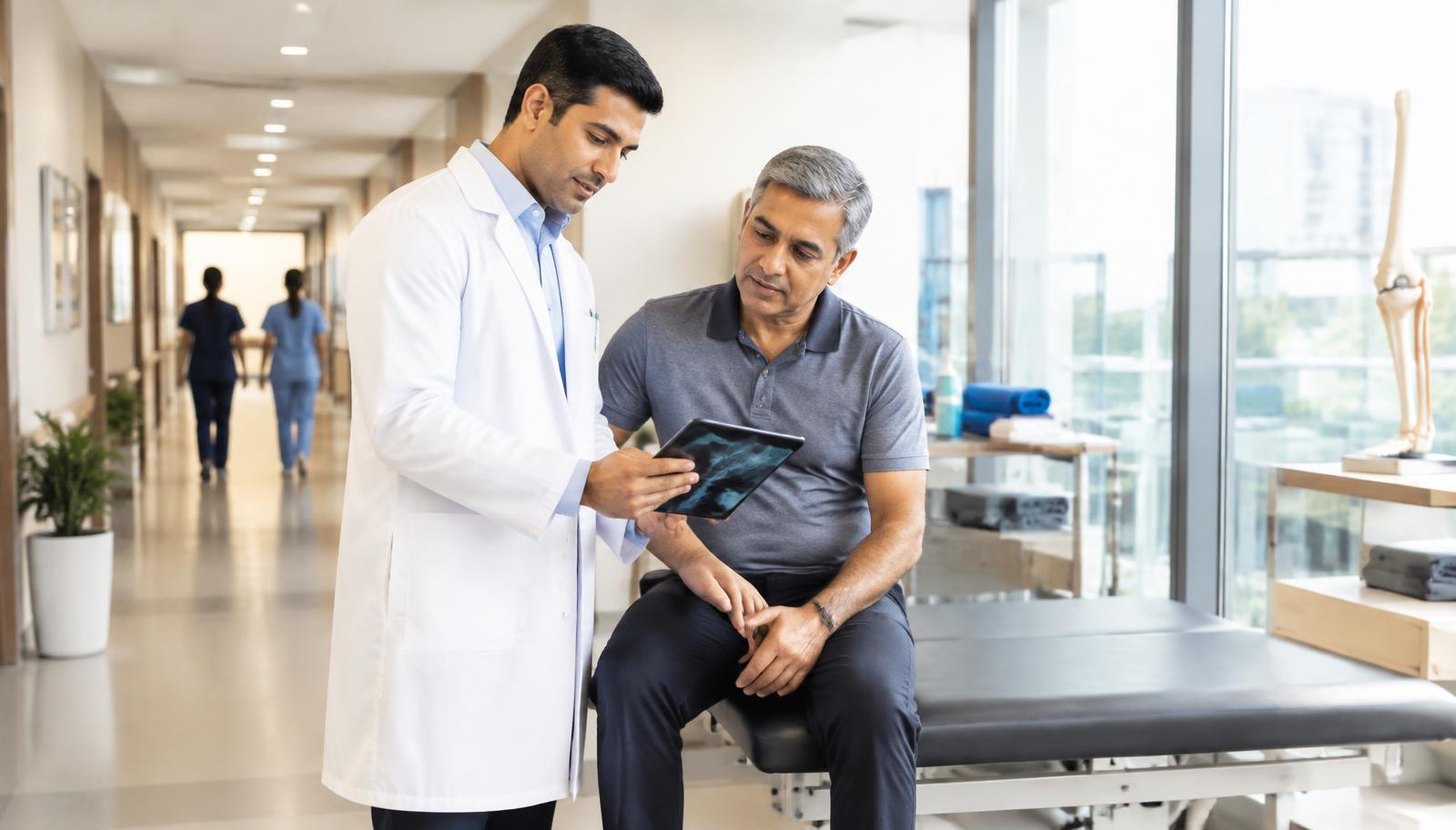 Bright clinical corridor of a modern orthopaedic hospital — illustrative image