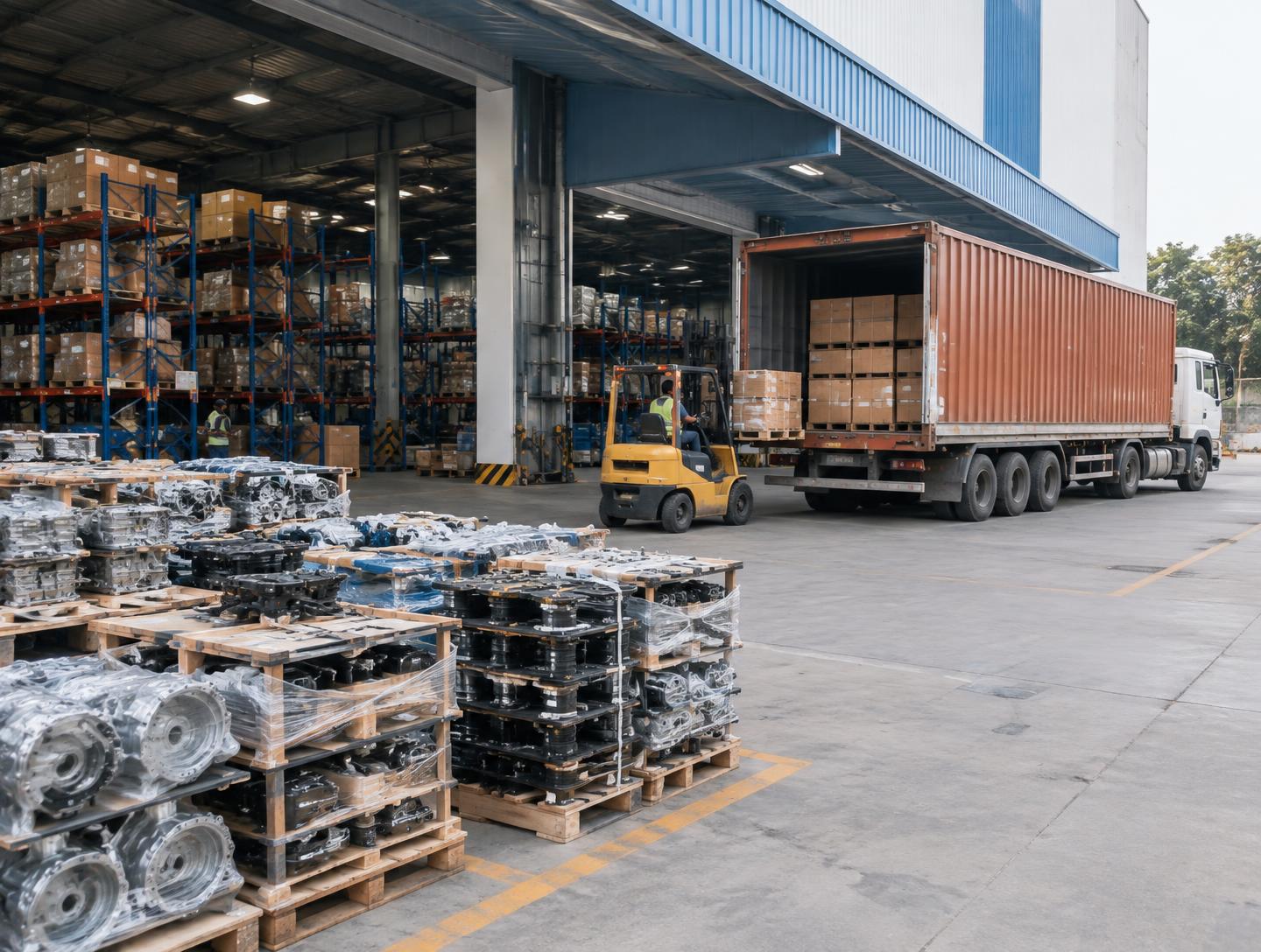 Automotive component pallets and a freight truck at a warehouse loading dock (illustrative image)