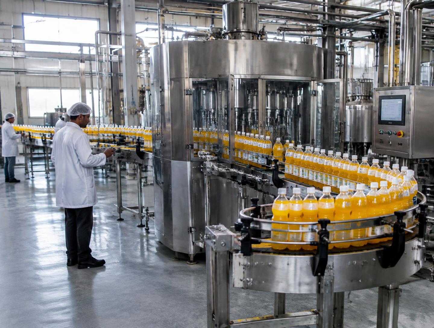 Stainless-steel beverage bottling line with production staff (illustrative image)