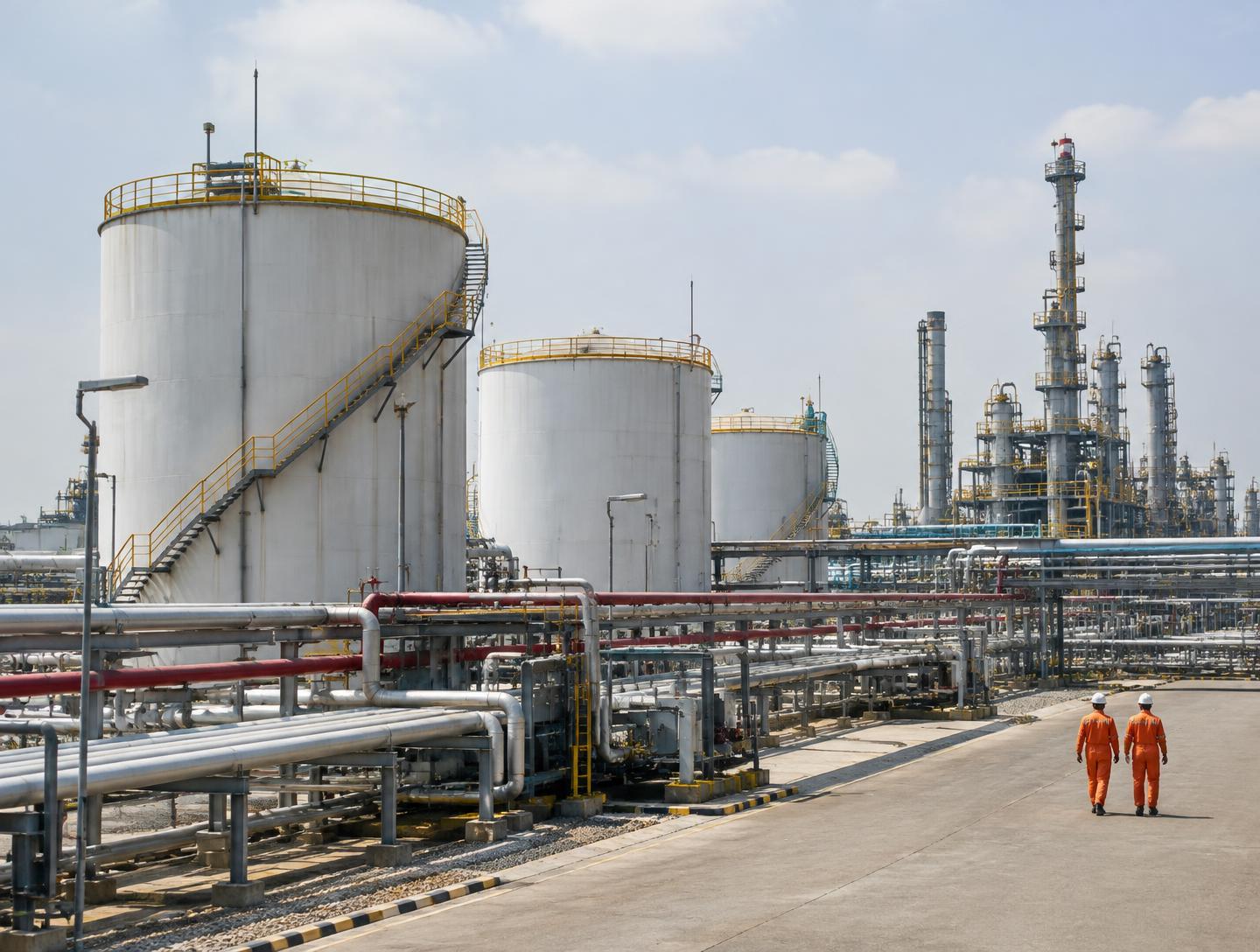 Oil-sector storage tanks and pipework with two workers in safety gear (illustrative image)