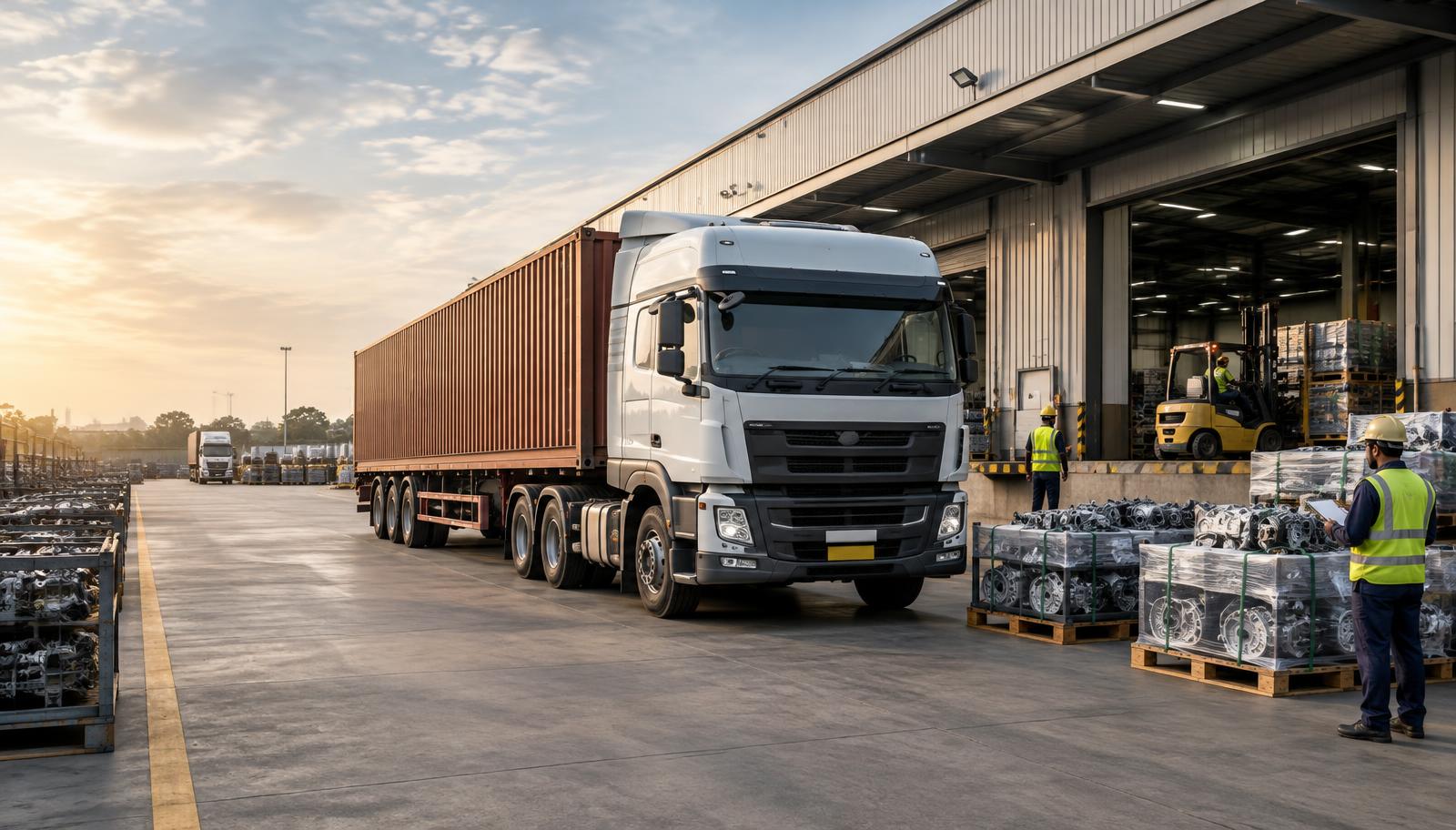 Freight truck loaded at an industrial warehouse dock with pallets of automotive components — illustrative image